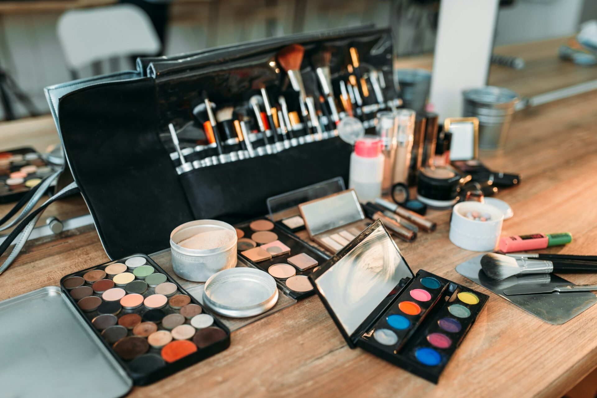 Professional makeup artist cosmetics tools closeup